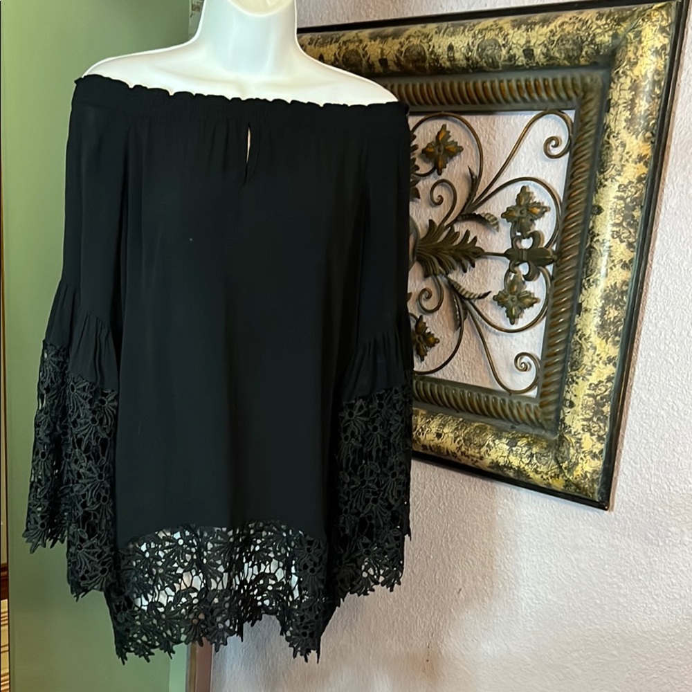 Wow in Colleen Lopez Black Off/ In Shoulder Blouse with Lace Sleeves & Hem Sz LP